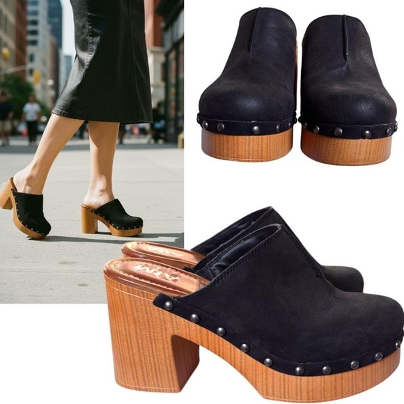 MIA Black Suede Studded Wooden Platform Clogs - Picture 2 of 4